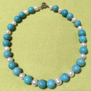淡水真珠と天然石のコンビネックレス 淡水パール ターコイズブルー色の石 大粒 冠婚葬祭
