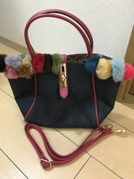 カラフルポンポン付きデニムハンドバッグ ショルダーバッグセレクトショップ購入