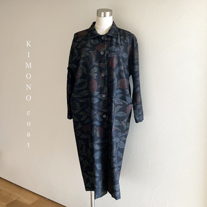 未使用 一点物 紬 着物 リメイク コート レディース ネイビー 紺 系 柄 ヴィンテージ ファッション KIMONO outer coat