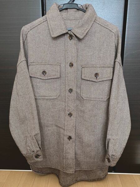 【美品】オーバーサイズ シャツジャケット ショートコート 茶色 ブラウン 斜めストライプ 