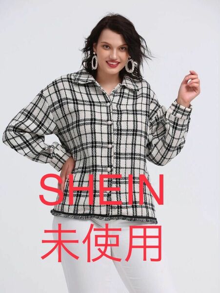 未使用★SHEIN ブランド★プラス 格子縞 ドロップショルダー ツイード ジャケット_1XL