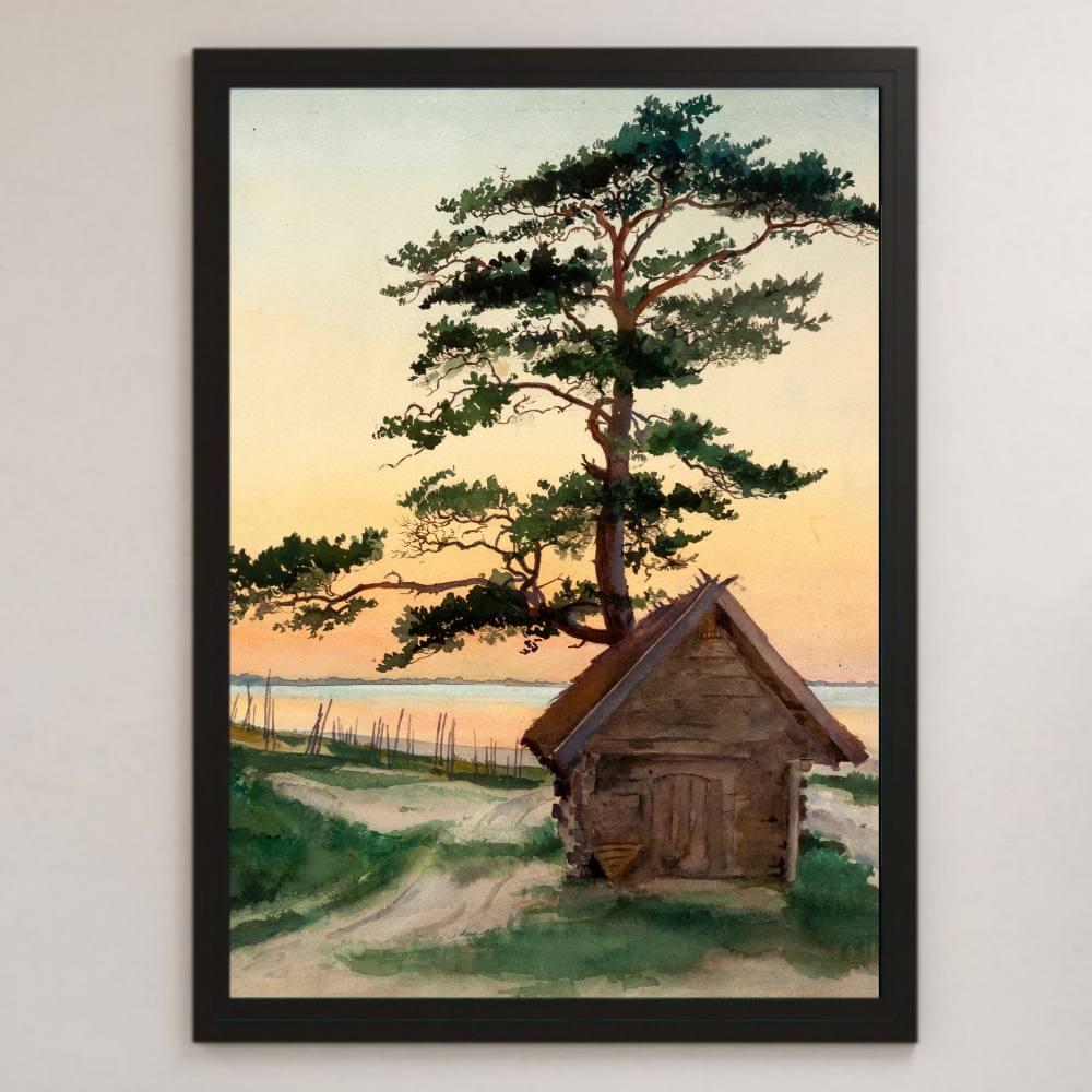 릴리 월터 조개 풍경 그림 예술 광택 포스터 A3 바 카페 클래식 레트로 인테리어 풍경 그림 큰 나무 오두막, 거주, 내부, 다른 사람