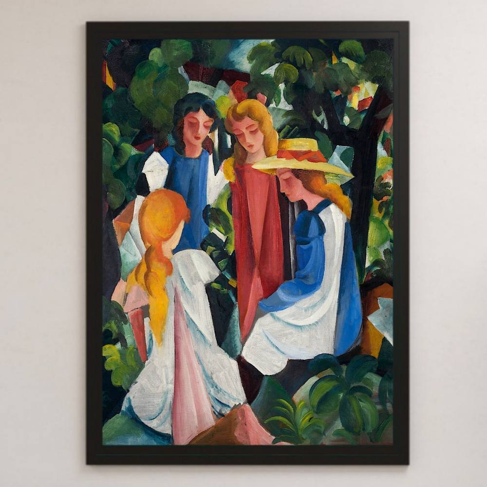 August Macke Four Girls 그림 예술 광택 포스터 A3 바 카페 클래식 인테리어 풍경 그림 여성 그림 아방가르드 예술 블루 나이트, 거주, 내부, 다른 사람