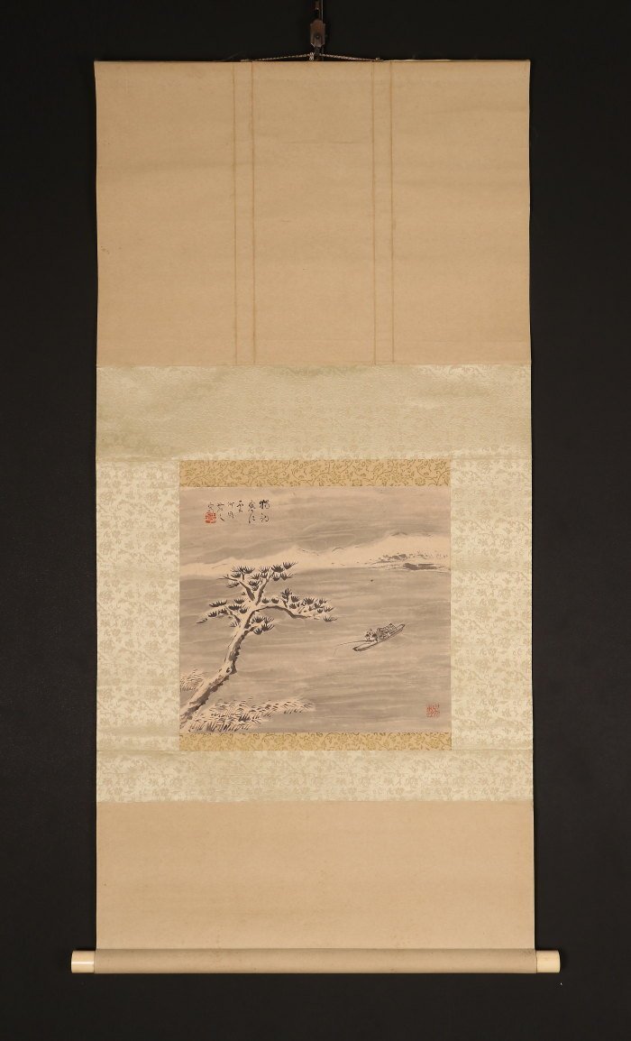 国内発送】 【真作】野口駿尾/巌頭独釣図/山水人物/釣人物図/掛軸