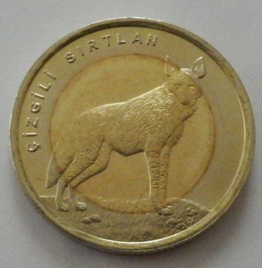 トルコ ストライブハイエナ 1リラ 2014年 硬貨 1