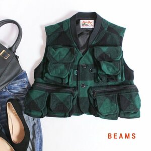美品 ビームス BEAMS ■ 秋 冬 チェック柄 毛80％ ノースリーブ ウールジャケット グリーン 緑 ブラック 黒