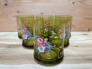 * new goods * green floral print print / glass /6 piece set * color glass / crystal / Showa Retro pop * unused / our shop long time period stock goods / commodity explanation please look *