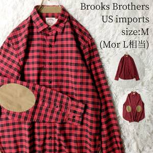 【一点物・US古着アメリカ輸入】Brooks Brothers 長袖シャツ Mサイズ Lサイズ エルボーパッチ チェック柄 オーバーチェック レッド 赤