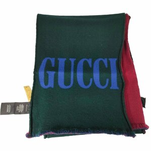  прекрасный товар GUCCI Gucci шелк Blend с логотипом бахрома длинный muffler палантин красный × зеленый × синий красный × зеленый × голубой J0904