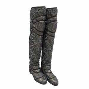  almost unused super rare 14AW Dolce & Gabbana leather × race armor - thigh high long boots armour 37 23.5cm bronze × silver 