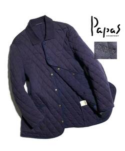 名作【定価5万超】Papas パパス キルティングジャケット L (50) 刺繍ロゴ コート 中綿 日本製 メンズ ネイビー【柔らかなコットン生地】