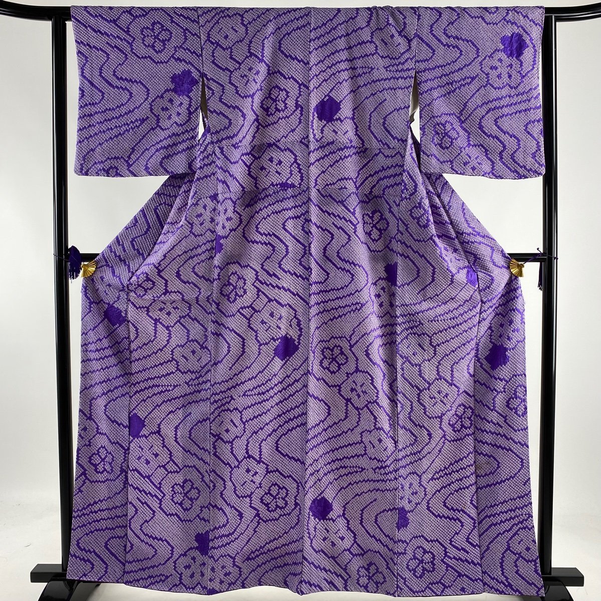 競ナビ 小紋 秀品 紬地 段縞 青紫 袷 162cm 69cm L 正絹(仕立て上がり 