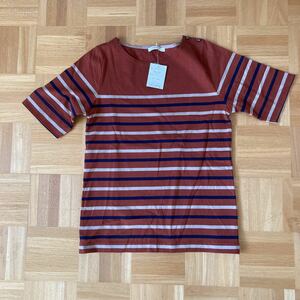  border T-shirt tag attaching lady's L cotton 100 red tea . stripe . wonderful new goods 