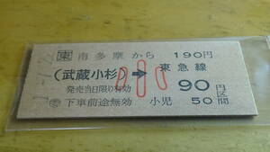 JR東　B型硬券連絡券【南武線】南多摩から（武蔵小杉）→東急線小90円区間　1-7.22