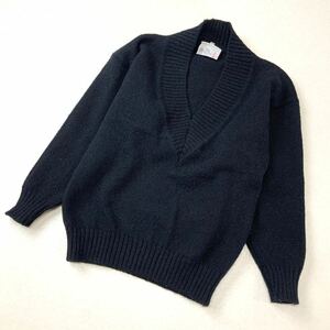 希少 90‘s イングランド製 BRITISH WOOL ブリティッシュウール Vネック ニットセーター レディース Mサイズ ブラック ビンテージ ニット