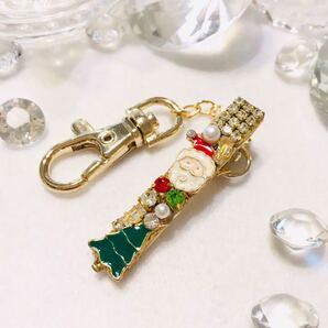 送料無料●(2)クリスマス ビジュー バッグ キークリップ(キーホルダー)●ハンドメイド / サンタ Christmas 鍵 ツリー