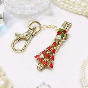 送料無料●(3)クリスマス ビジュー バッグ キークリップ(キーホルダー)●ハンドメイド / サンタ Christmas 鍵 ツリー