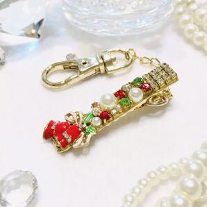 送料無料●(4)クリスマス ビジュー バッグ キークリップ(キーホルダー)●ハンドメイド / サンタ Christmas 鍵 ツリー