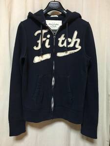 Abercrombie&Fitch アバクロンビーアンドフィッチ ロゴアップリケ付きパーカー 裏起毛 前ジップ/ファスナー 紺 S 中古品