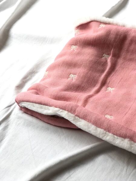 六重織ガーゼ×ラビットボアのスヌード ピンク リボン fuwara ハンドメイド