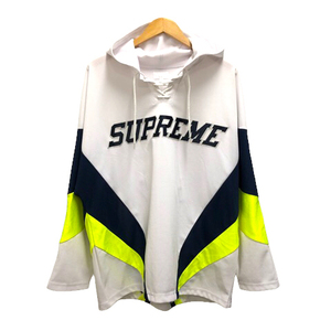 シュプリーム SUPREME 17AW パーカ フーディー メッシュ ロゴ ワッペン 長袖 L 白 ホワイト 紺 ネイビー ? イエロー ☆AA★ メンズ