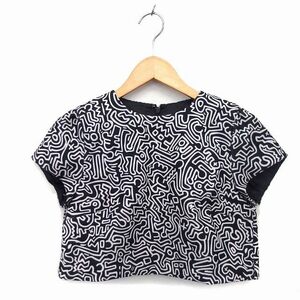 スライ SLY キース・へリング Keith Haring カットソー クルーネック クロップド ギャザー 総柄 半袖 1 黒 ブラック /NT5 レディース