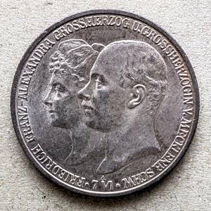 1904年 ドイツ メルケンブルグ シュヴェリーン フリードリヒ フランツ4世 ご成婚記念 2マルク 銀貨 EF ベルリンミント
