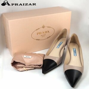 PRADA プラダ レザーバイカラー パンプス 36 ピンクベージュ/ブラック ケース・収納袋 [49880]