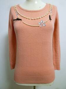 Feroux/ Feroux * salmon pink series pearl biju- rhinestone ribbon fake necklace knitted sweater 2/ Onward . mountain long sleeve *1031