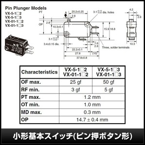 7748(2個) オムロン VX-5-1A3 形VX マイクロスイッチ (ピン押ボタン形)の画像3