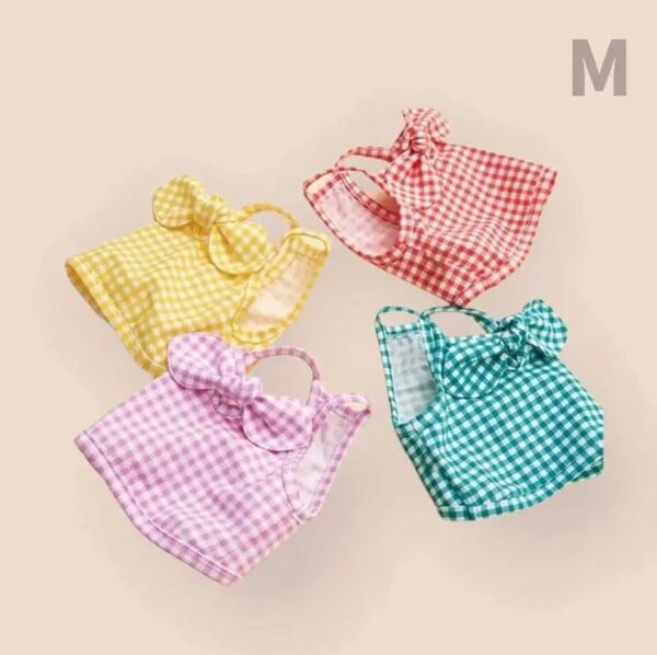【Mサイズ・グリーン】リボン付き チェック柄 タンクトップ 犬服 ドッグウェア