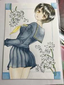 Art hand Auction Sailor uniform and blue flowers/handwritten illustration, comics, anime goods, hand drawn illustration