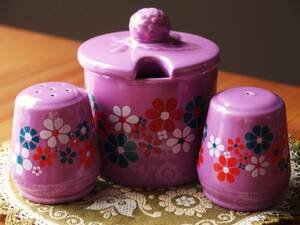 3 point set! Germany made Vintage & retro ( Showa Retro ) salt & pepper inserting & sugar pot ( light purple color, floral print print, salt koshou inserting )