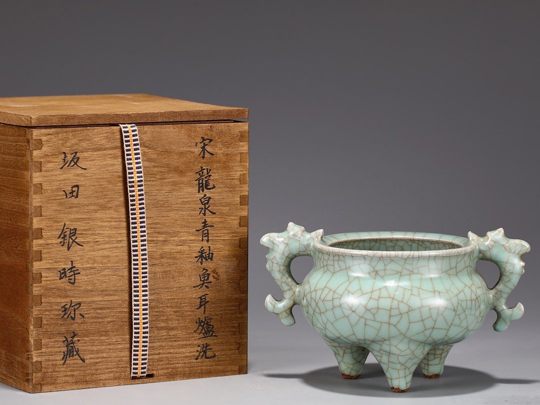 中国古美術 明時代龍泉窯手桶形花生 共箱 B9-9-