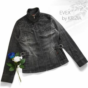 美品 EVEXbyKRIZIA エヴェックス デニムジャケット Gジャン ハイネック Black グレーブラック 黒 レース 長袖