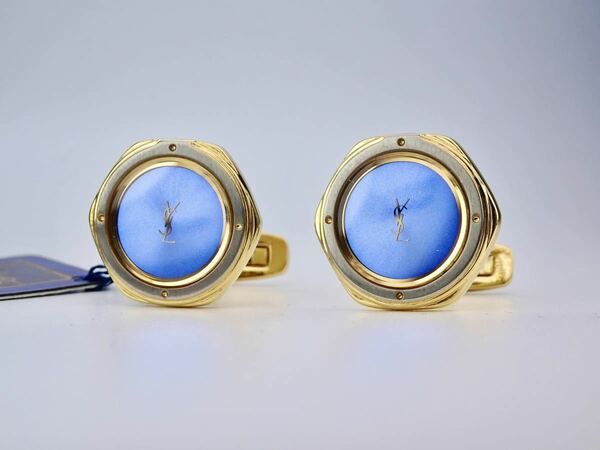 イブサンローラン　ブルー　ＹＳＬロゴ カフス　カフリンクス　cufflinks イヴ・サンローラン Yves Saint Laurent