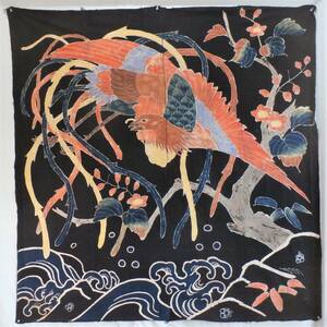 鳳凰飛翔絵柄　藍染め 布団表布　手織り　本藍染め　鳳凰　縁起模様　江戸　I　時代物　藍四十八色　タペストリー　古布　美品　ホウオウ