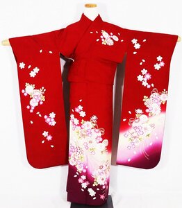 振袖 袷 正絹 赤 黄色 赤紫 暈し 菊 桜 手毬 ki27120 美品 着物 Sサイズ レディース 成人式 オールシーズン 送料無料