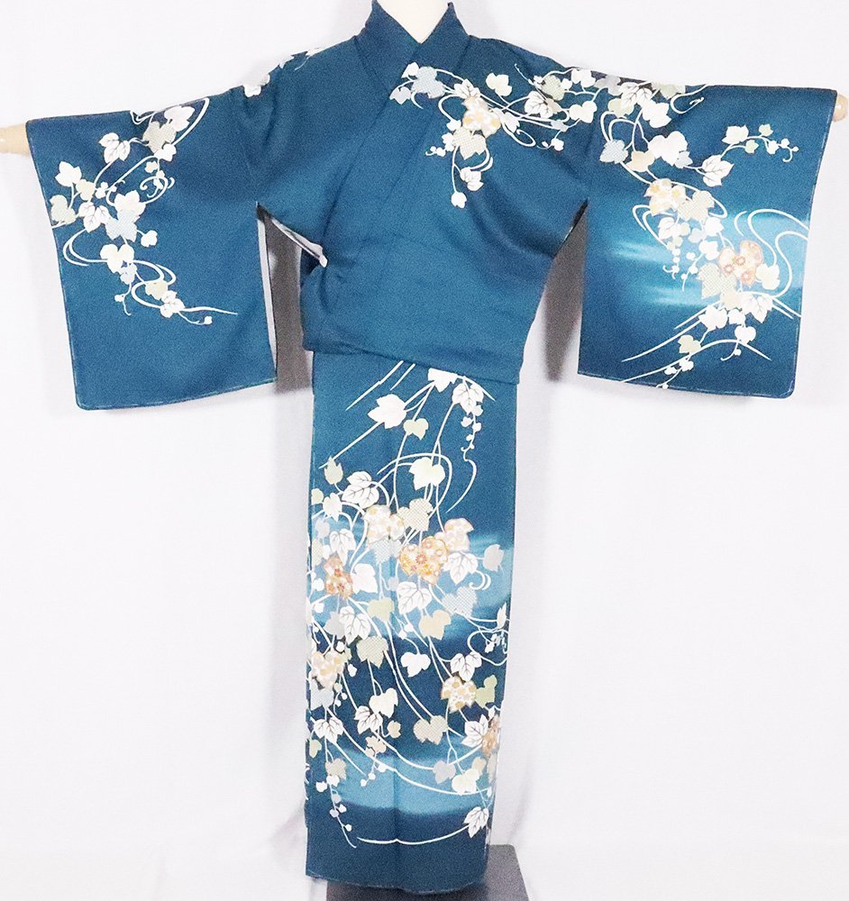 Kimono formal yuzen Kyoto yuzen pintado a mano por Ko Kubo, forrado, Seda Pura, gradación verde esmeralda, flor de cerezo, crisantemo, ciruela, patrón de hiedra, tamaño LL, ki27140, con certificado, para ocasiones oficiales, envío gratis, kimono de mujer, kimono, vestido de visita, Confeccionado