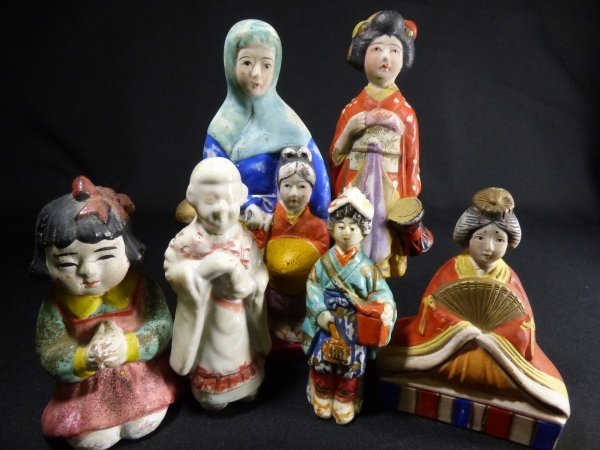 [Megumi #0198] Poupées d'argile, poterie, Karako, geisha, geisha, filles, geisha voyageuse, Poupées Hina, lot de 6, Période Taisho, Céramiques japonaises, La céramique en général, Porcelaine colorée