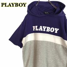 PLAYBOY プレイボーイ　半袖トップス　プルオーバーパーカー 紫白グレー　レディース　Mサイズ　【AY0829】プリント_画像1