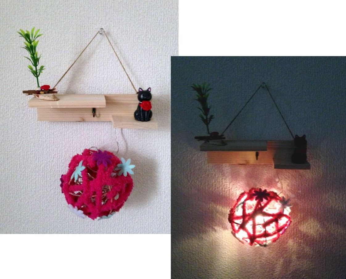 Black cat, pink flower ball, LED light wood shelf, multi-shelf, small item holder, Handmade items, interior, miscellaneous goods, panel, Tapestry