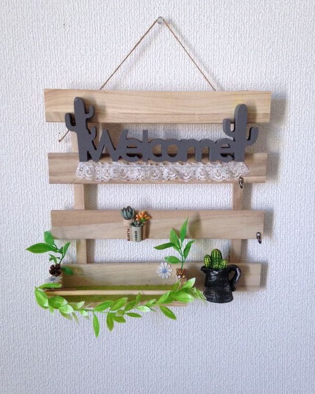 Handmade◆Wood accessory case display shelf with key hook!Fake green wood shelf welcome board♪, furniture, interior, shelf, cabinet, display shelf