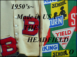 ★小さめなサイズ感★Made in USA製アメリカ制THE HEADFIELD COビンテージレタードウールカーディガン50s50年代ウイングフットワッペン付き