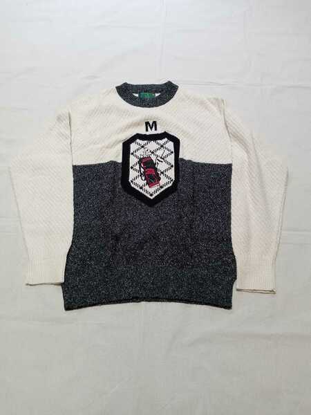 【中古品】MASTERS COLLECTION　マスターズコレクション 刺繍セーター　白グレー　ゴルフウェア　ウールセーター　メンズサイズM　