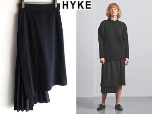 HYKE ハイク 2019AW ウール混 ストレッチ生地 切替 ミディ丈 アシンメトリープリーツスカート 1 黒 ブラック 定価33000円 元green/グリーン