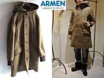 ポーランド製 ARMEN アーメン MELTON HOODED COAT エコダウンライナー付 袖リブ ウールメルトン ダブルジップ モッズコート FREE カーキ_画像1