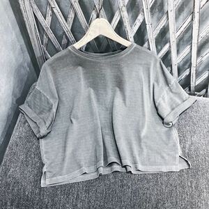 ユーズド加工 ウォッシュ グレージュ 半袖 Tシャツ トップス ドロップショルダー オーバーサイズ クロップ クロップド ショート丈 