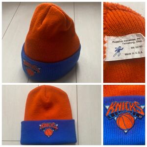 送料無料 未使用 美品 90s USA製 NBA new york knicks ニューヨーク ニックス ビーニー ニット ワッチ キャップ 帽子 ニット帽 オレンジ 青