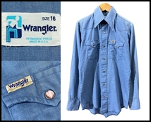 送料無料 G② 70s オールド ビンテージ USA製 Wrangler ラングラー 長袖 シャンブレー ウエスタン シャツ 16 古着 ユニセックス レディース_画像1